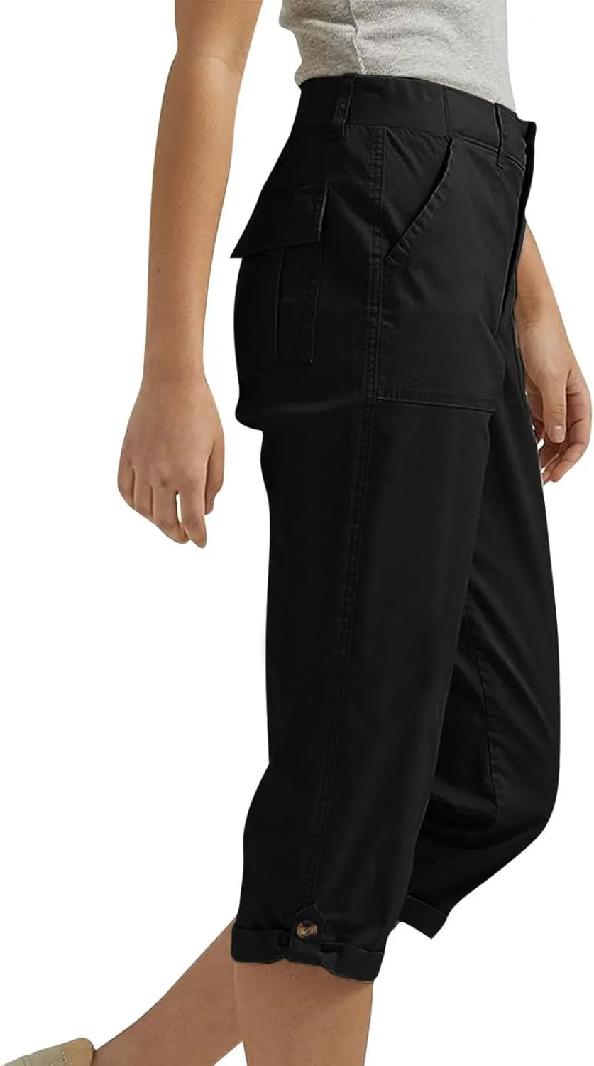 Women's Cargo Capri Pant Casual Loose-Fit Cuffed Hem Capris Pants Summer Cropped Pants, Zipper Fly with Button Closure
