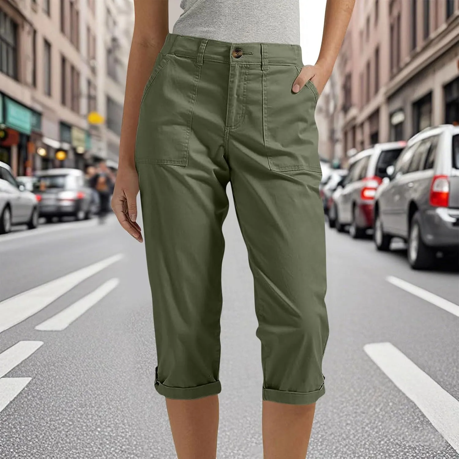 Women's Cargo Capri Pant Casual Loose-Fit Cuffed Hem Capris Pants Summer Cropped Pants, Zipper Fly with Button Closure