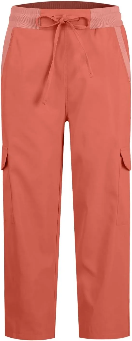 Womens Cargo Pants Casual Loose Hiking Pants Drawstring High Waisted Cropped Pants Trendy Cargo Joggers with Pockets