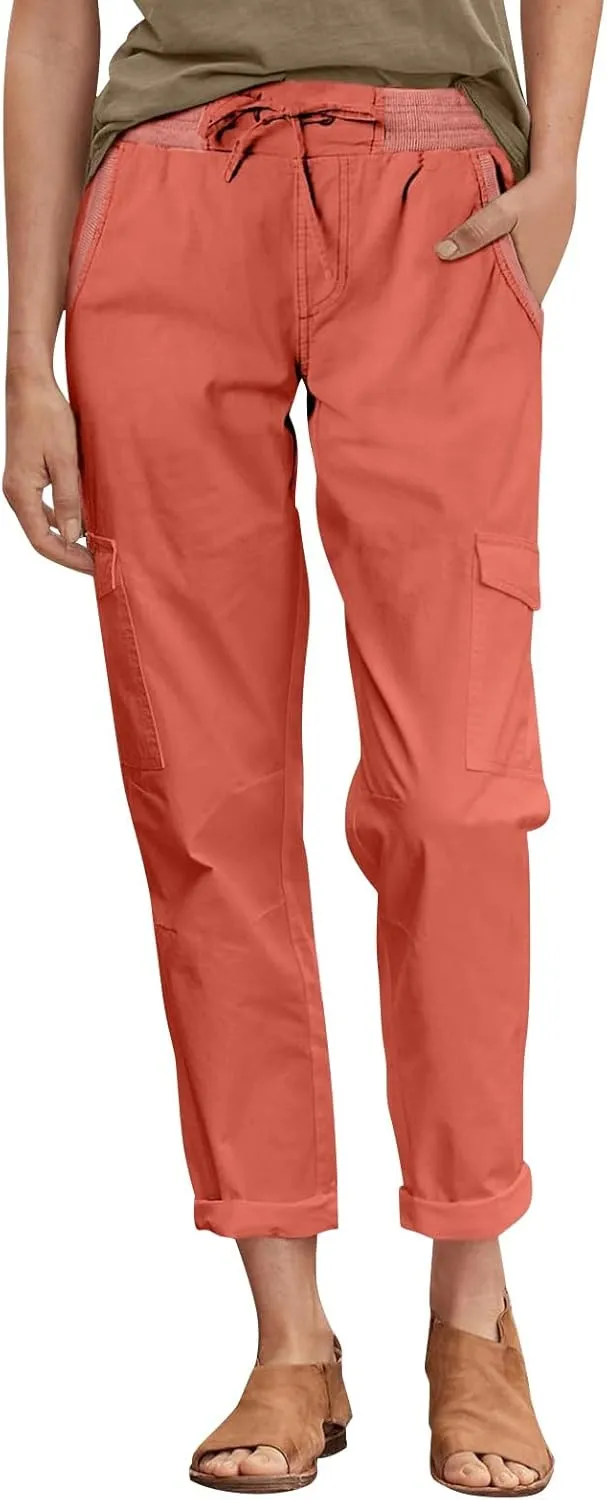 Womens Cargo Pants Casual Loose Hiking Pants Drawstring High Waisted Cropped Pants Trendy Cargo Joggers with Pockets