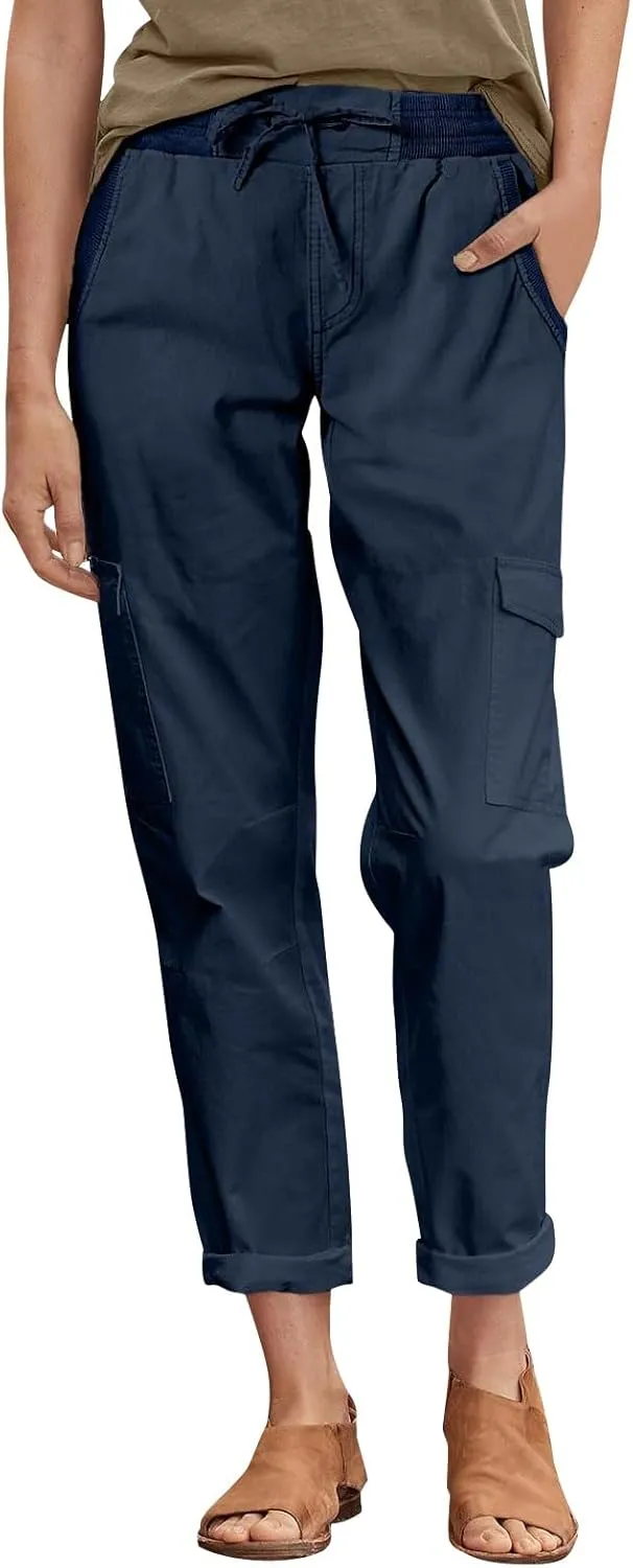 Womens Cargo Pants Casual Loose Hiking Pants Drawstring High Waisted Cropped Pants Trendy Cargo Joggers with Pockets