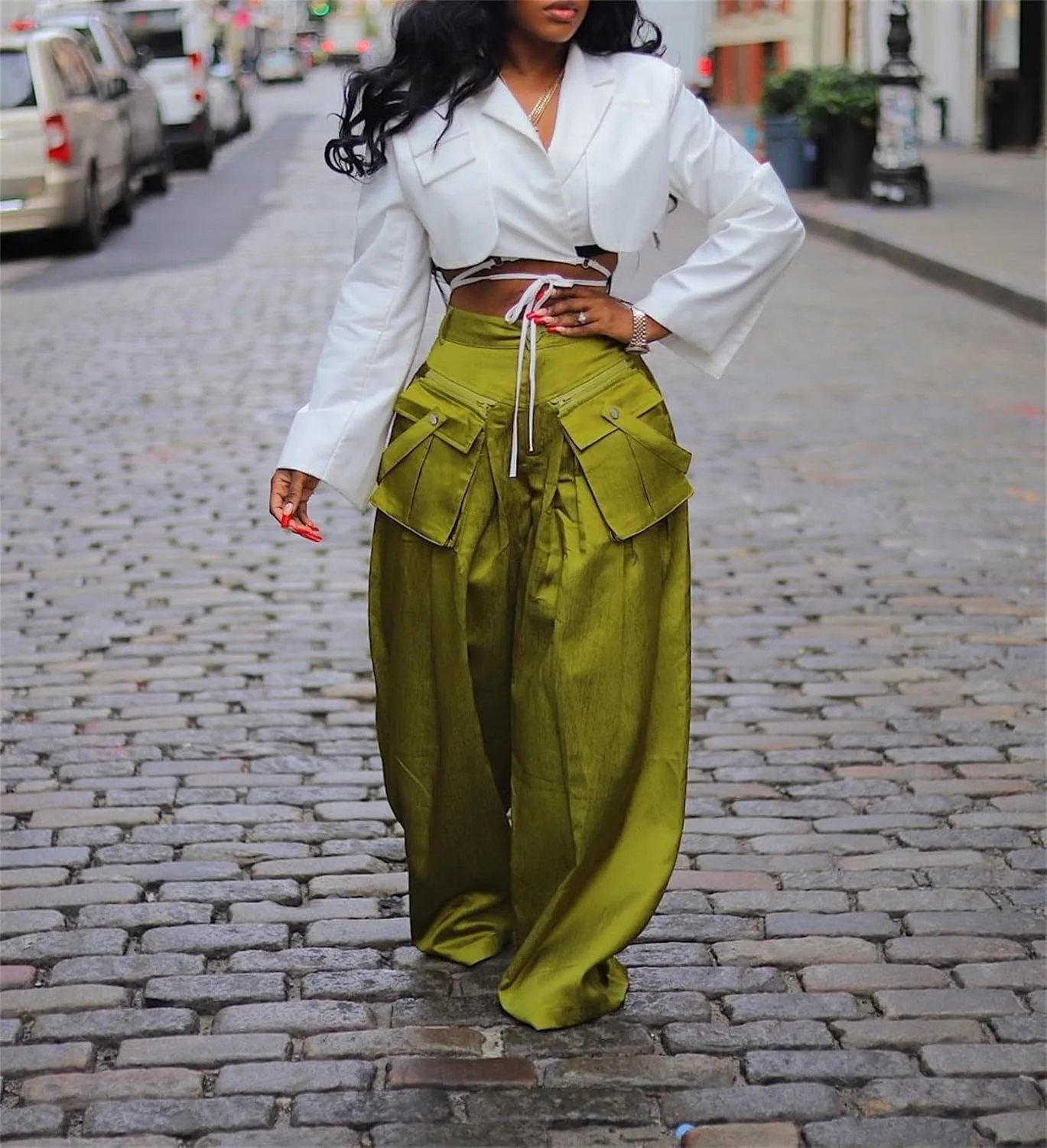 Women's Cargo Pants High Waisted Satin Flowy Pants Wide Leg Casual Pants