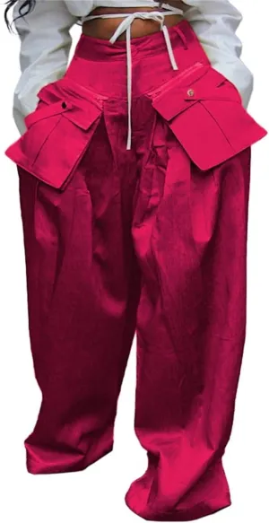 Women's Cargo Pants High Waisted Satin Flowy Pants Wide Leg Casual Pants