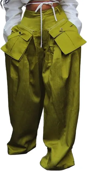 Women's Cargo Pants High Waisted Satin Flowy Pants Wide Leg Casual Pants