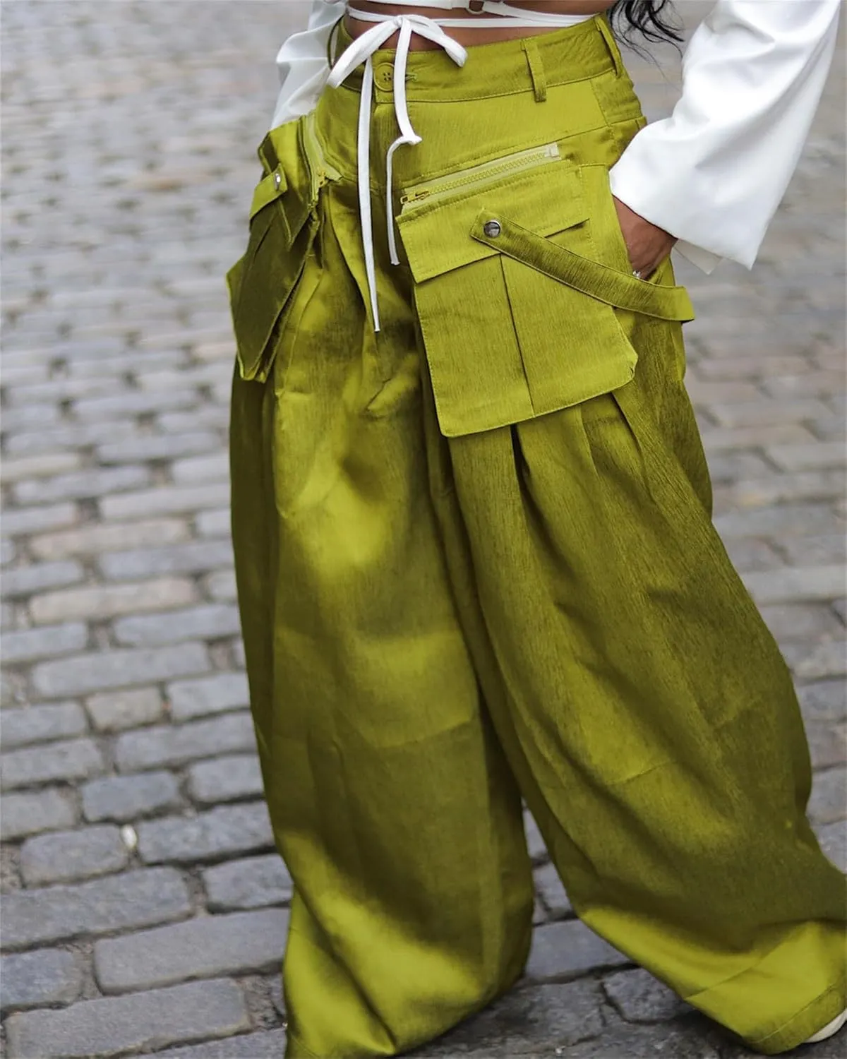 Women's Cargo Pants High Waisted Satin Flowy Pants Wide Leg Casual Pants