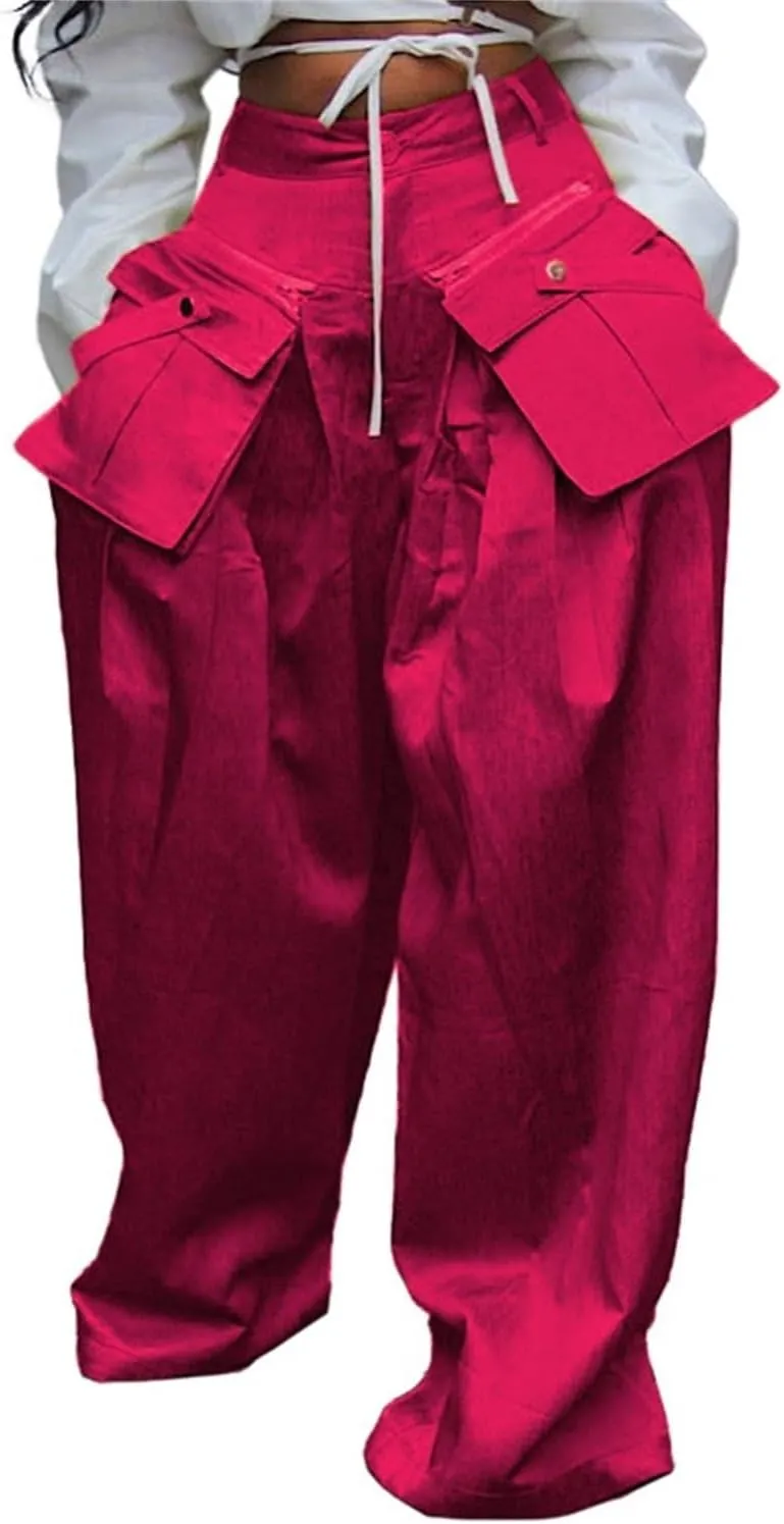 Women's Cargo Pants High Waisted Satin Flowy Pants Wide Leg Casual Pants