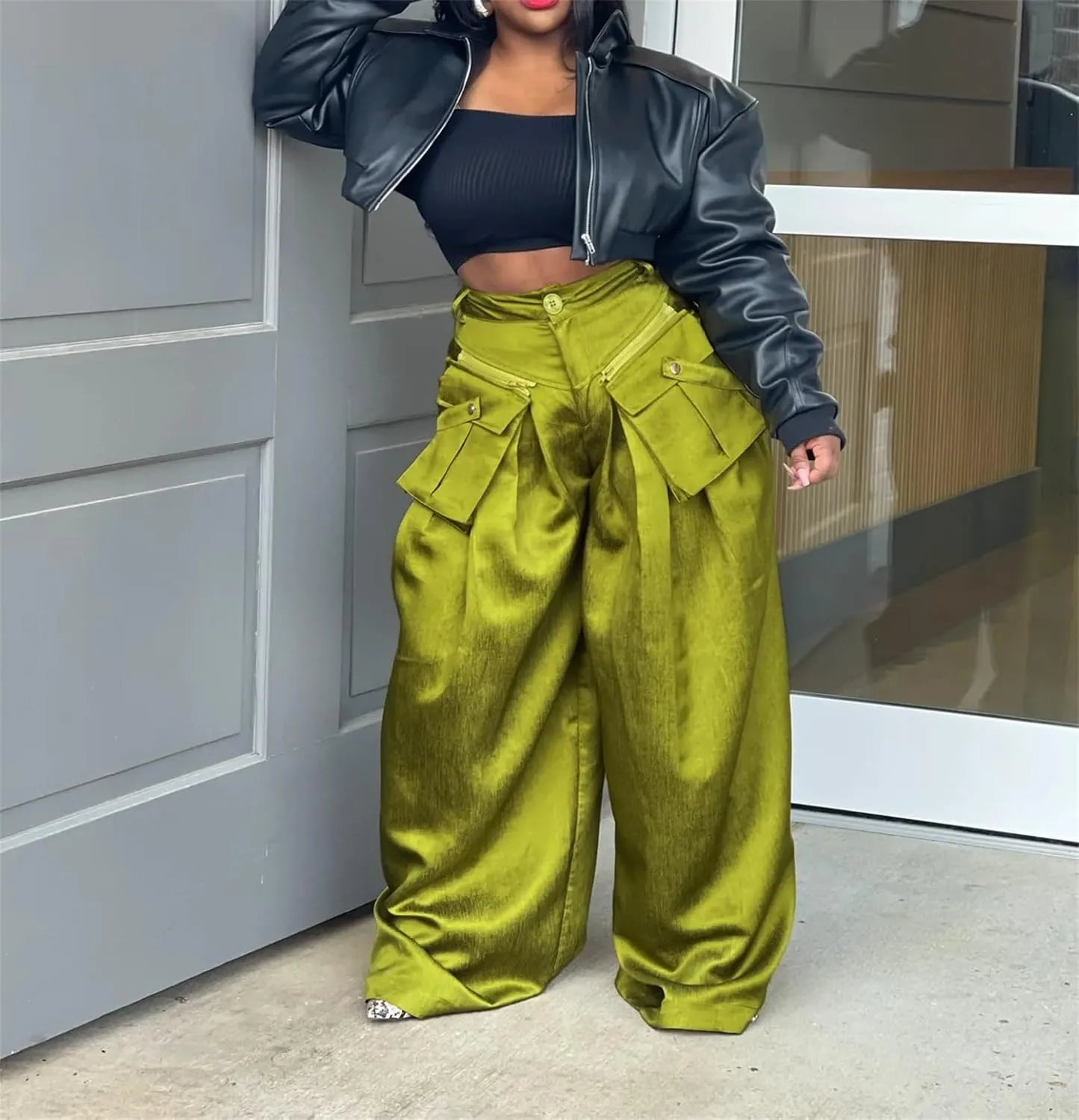 Women's Cargo Pants High Waisted Satin Flowy Pants Wide Leg Casual Pants