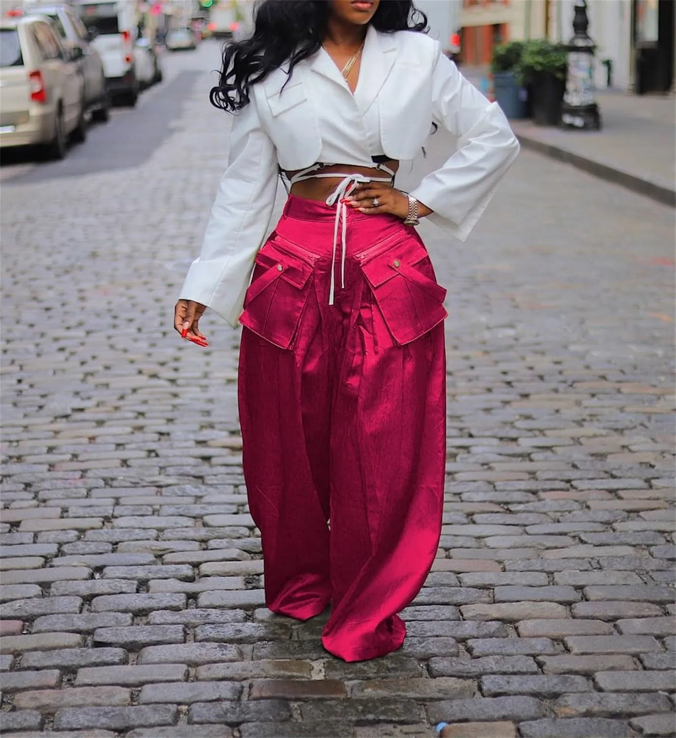 Women's Cargo Pants High Waisted Satin Flowy Pants Wide Leg Casual Pants