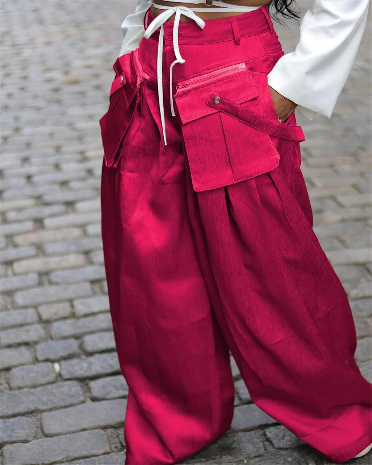 Women's Cargo Pants High Waisted Satin Flowy Pants Wide Leg Casual Pants