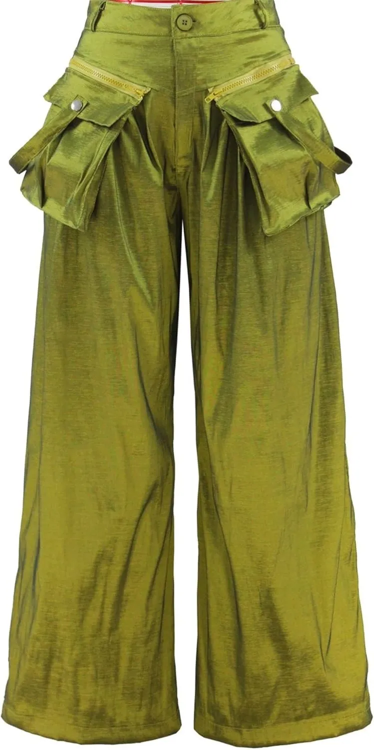 Women's Cargo Pants High Waisted Satin Flowy Pants Wide Leg Casual Pants