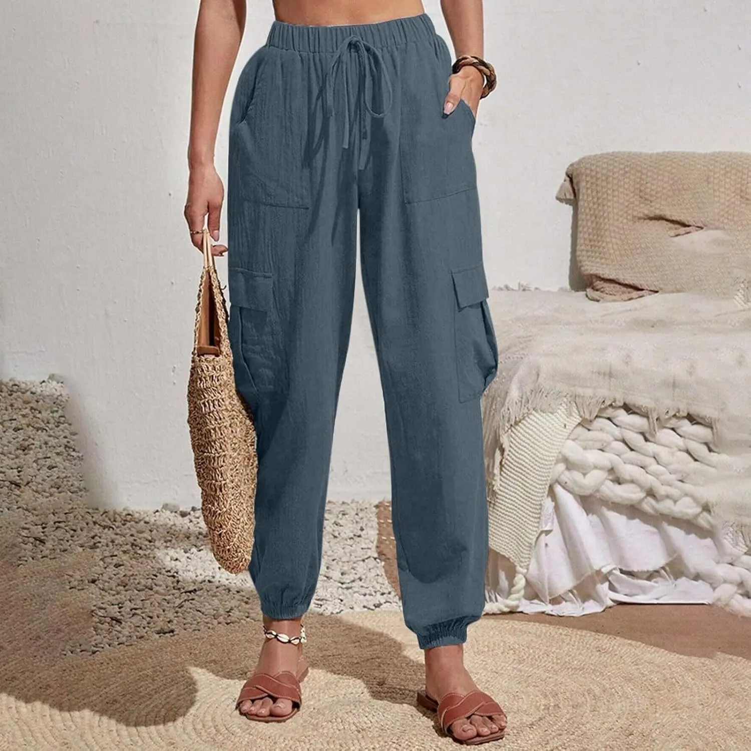 Womens Cargo Pants Summer Elastic High Waisted Lounge Jogger Pant Lightweight Adjustable Drawstring Harem Pants