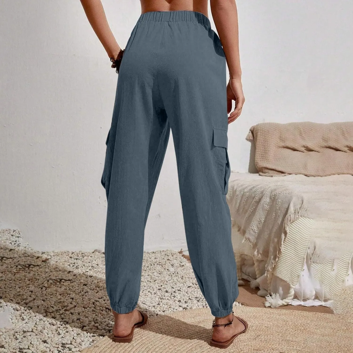 Womens Cargo Pants Summer Elastic High Waisted Lounge Jogger Pant Lightweight Adjustable Drawstring Harem Pants