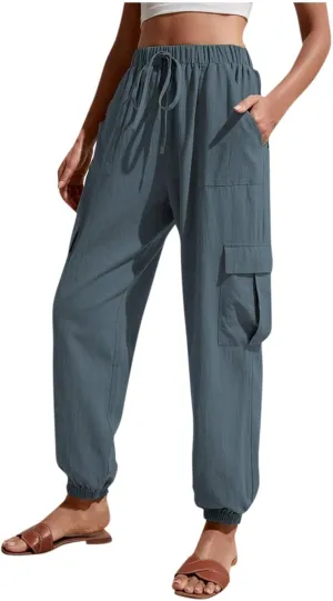Womens Cargo Pants Summer Elastic High Waisted Lounge Jogger Pant Lightweight Adjustable Drawstring Harem Pants