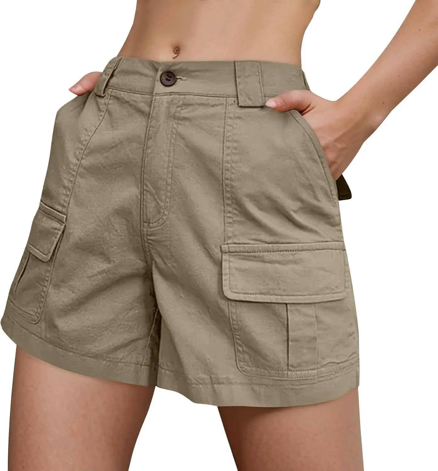 Womens Cargo Shorts Front Button Waist Straight Leg Casual Pant Loose Fit Stretch Summer Vacation Outfits with Pocket