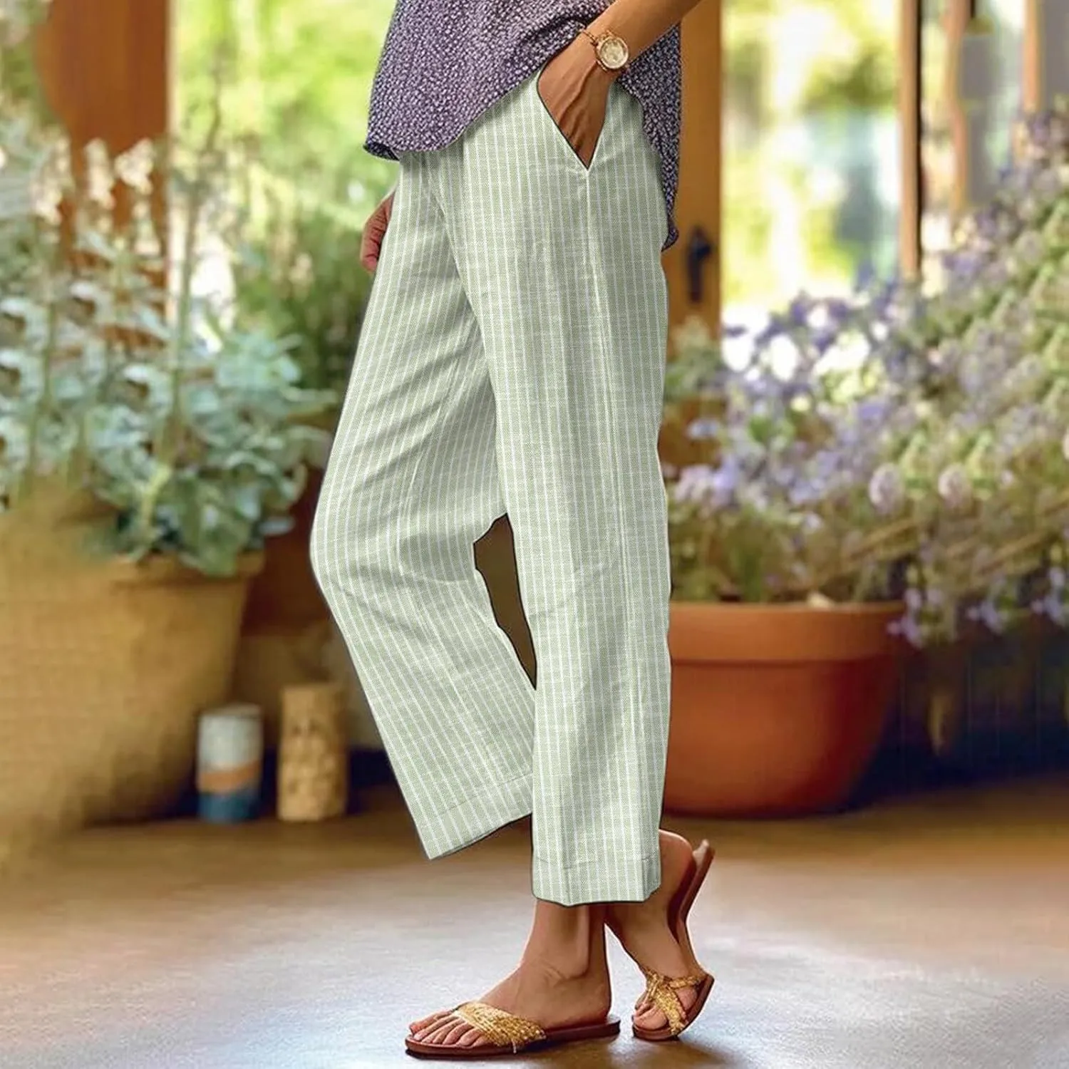 Women's Casual Boho Striped Cotton Linen Pants Elastic Waist Drawstring Summer Beach Baggy Capri Straight Leg Trouser