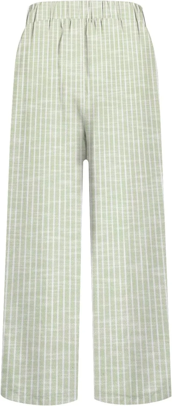 Women's Casual Boho Striped Cotton Linen Pants Elastic Waist Drawstring Summer Beach Baggy Capri Straight Leg Trouser