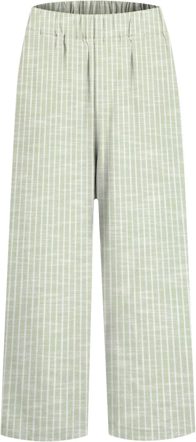 Women's Casual Boho Striped Cotton Linen Pants Elastic Waist Drawstring Summer Beach Baggy Capri Straight Leg Trouser