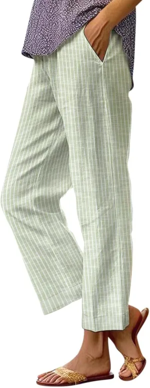 Women's Casual Boho Striped Cotton Linen Pants Elastic Waist Drawstring Summer Beach Baggy Capri Straight Leg Trouser