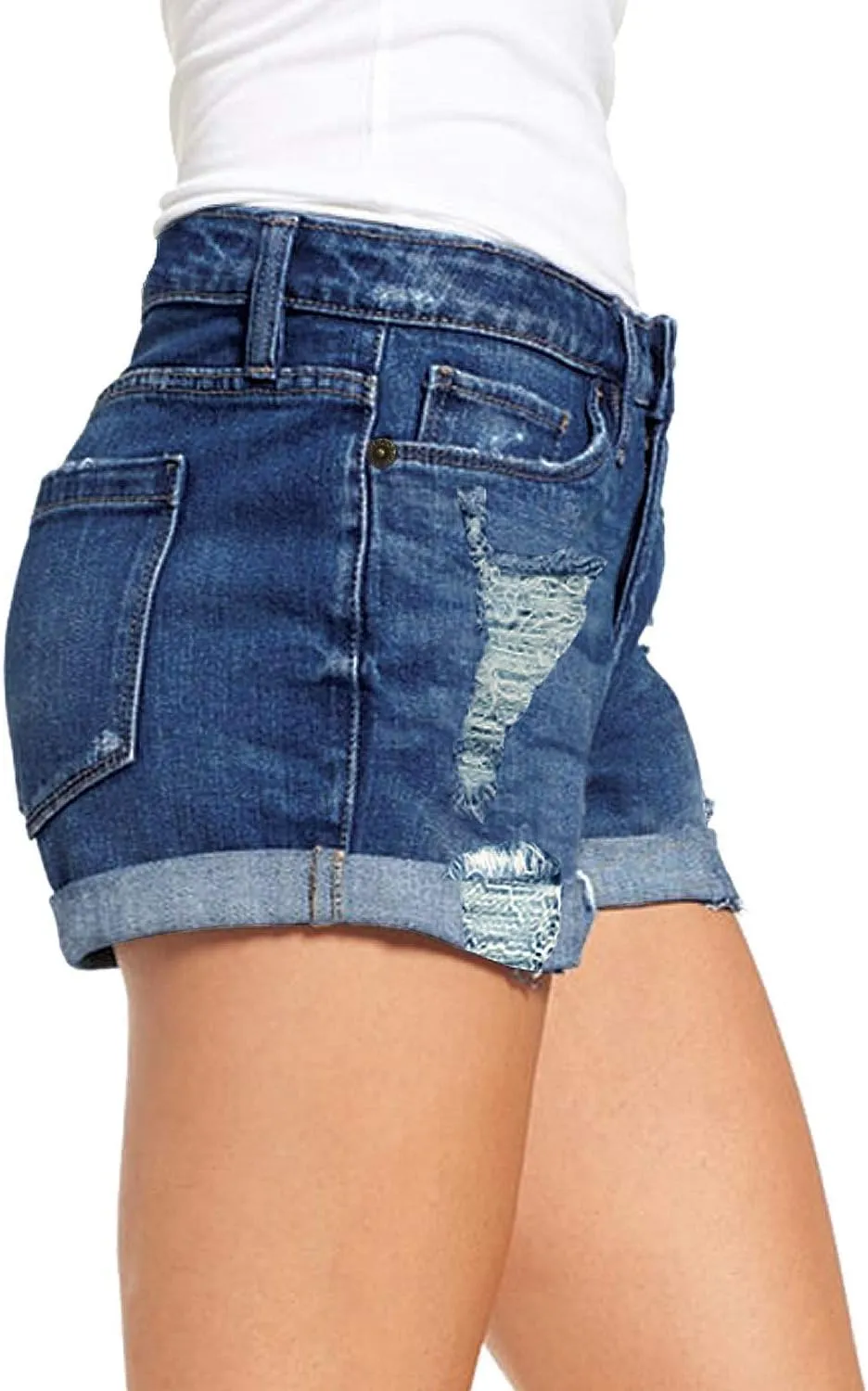 Women's Casual Denim Shorts Summer Mid Waist Stretchy Raw Frayed Folded Hem Jeans