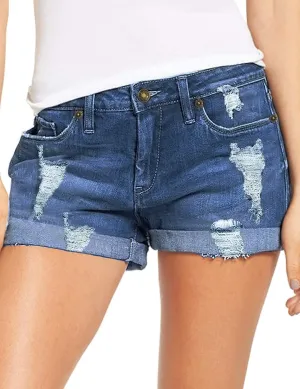 Women's Casual Denim Shorts Summer Mid Waist Stretchy Raw Frayed Folded Hem Jeans