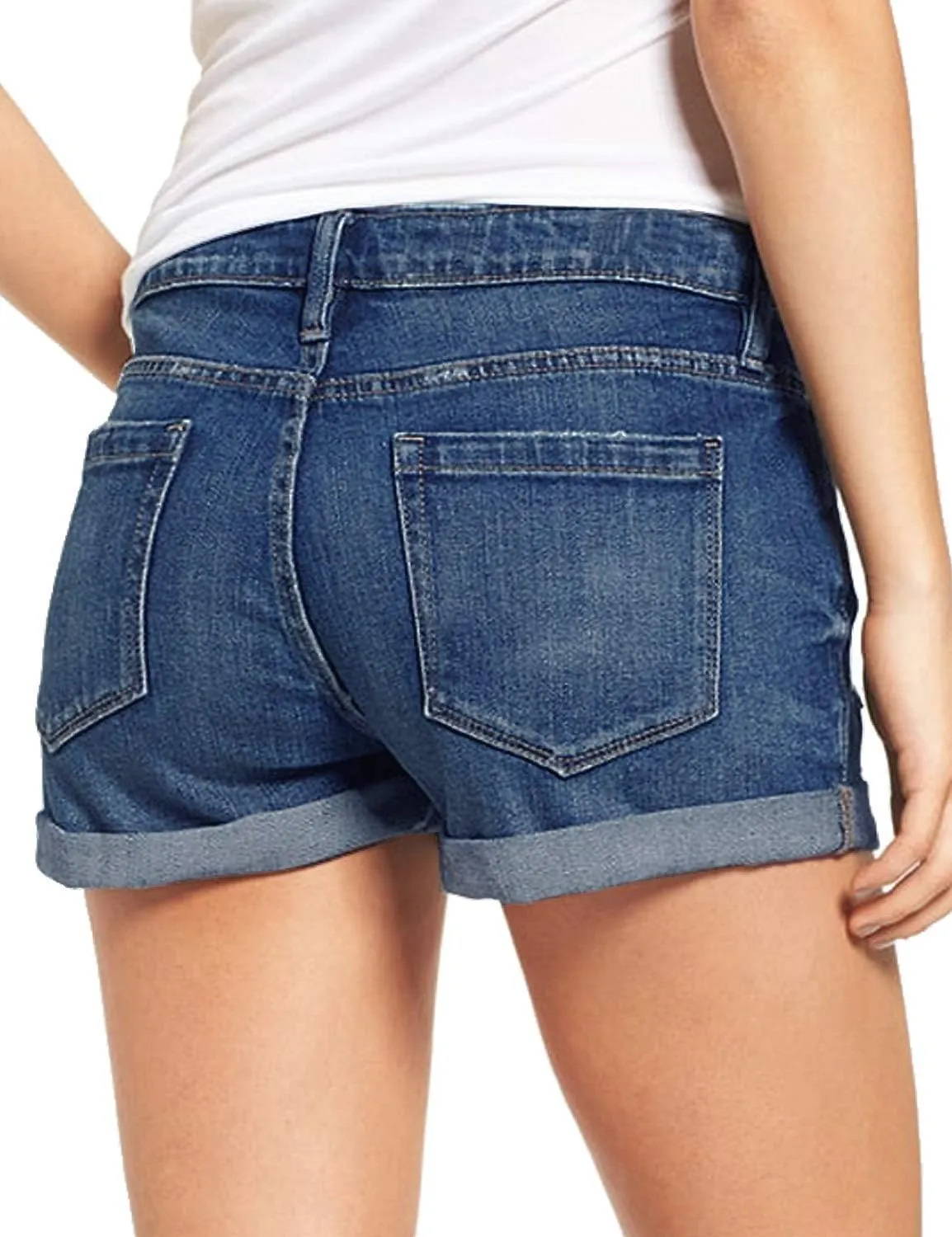 Women's Casual Denim Shorts Summer Mid Waist Stretchy Raw Frayed Folded Hem Jeans