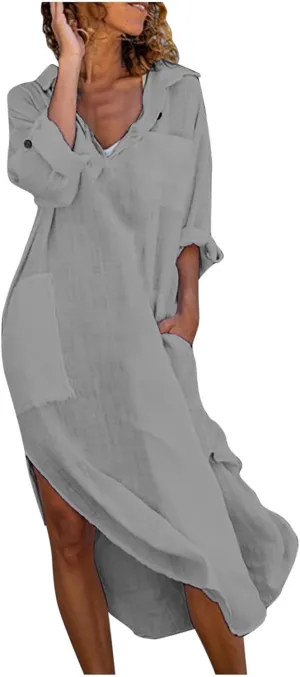 Womens Casual Dress Cotton Linen Long Dress Lapel Button Cuffed Roll Sleeve Side Split Cover Ups Dresses with Pockets