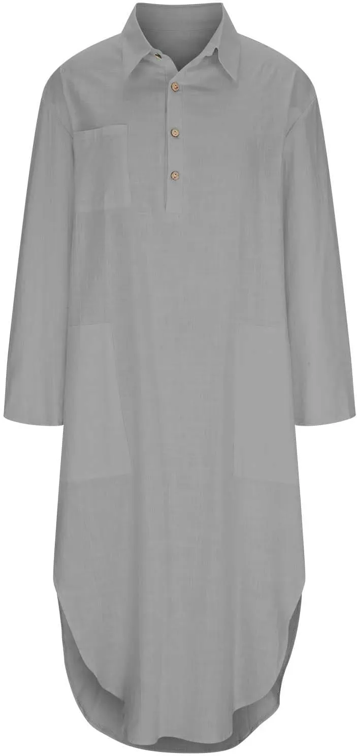 Womens Casual Dress Cotton Linen Long Dress Lapel Button Cuffed Roll Sleeve Side Split Cover Ups Dresses with Pockets