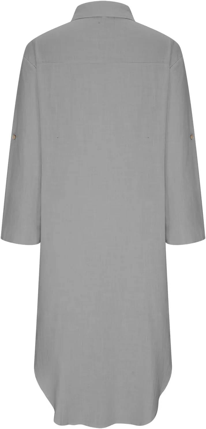 Womens Casual Dress Cotton Linen Long Dress Lapel Button Cuffed Roll Sleeve Side Split Cover Ups Dresses with Pockets