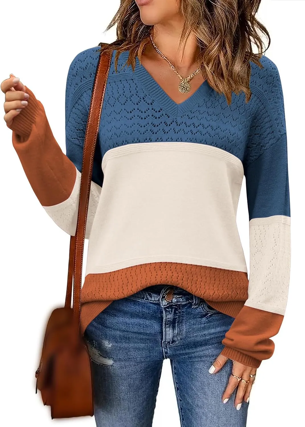 Womens Casual Fall Winter Sweaters Lightweight Ribbed Knit Pullover Color Block V Neck Long Sleeve Shirts