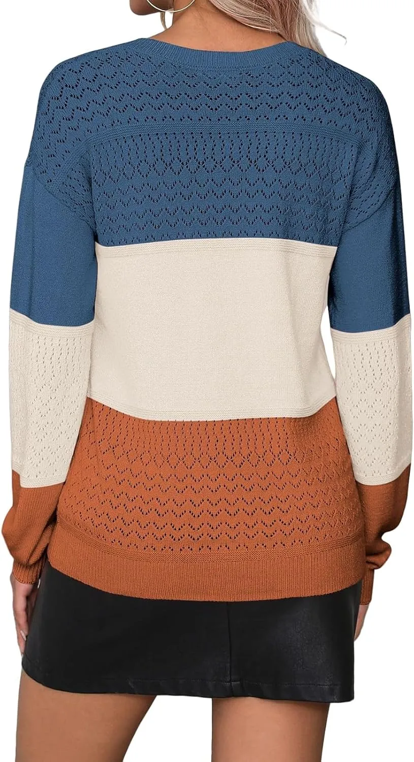 Womens Casual Fall Winter Sweaters Lightweight Ribbed Knit Pullover Color Block V Neck Long Sleeve Shirts