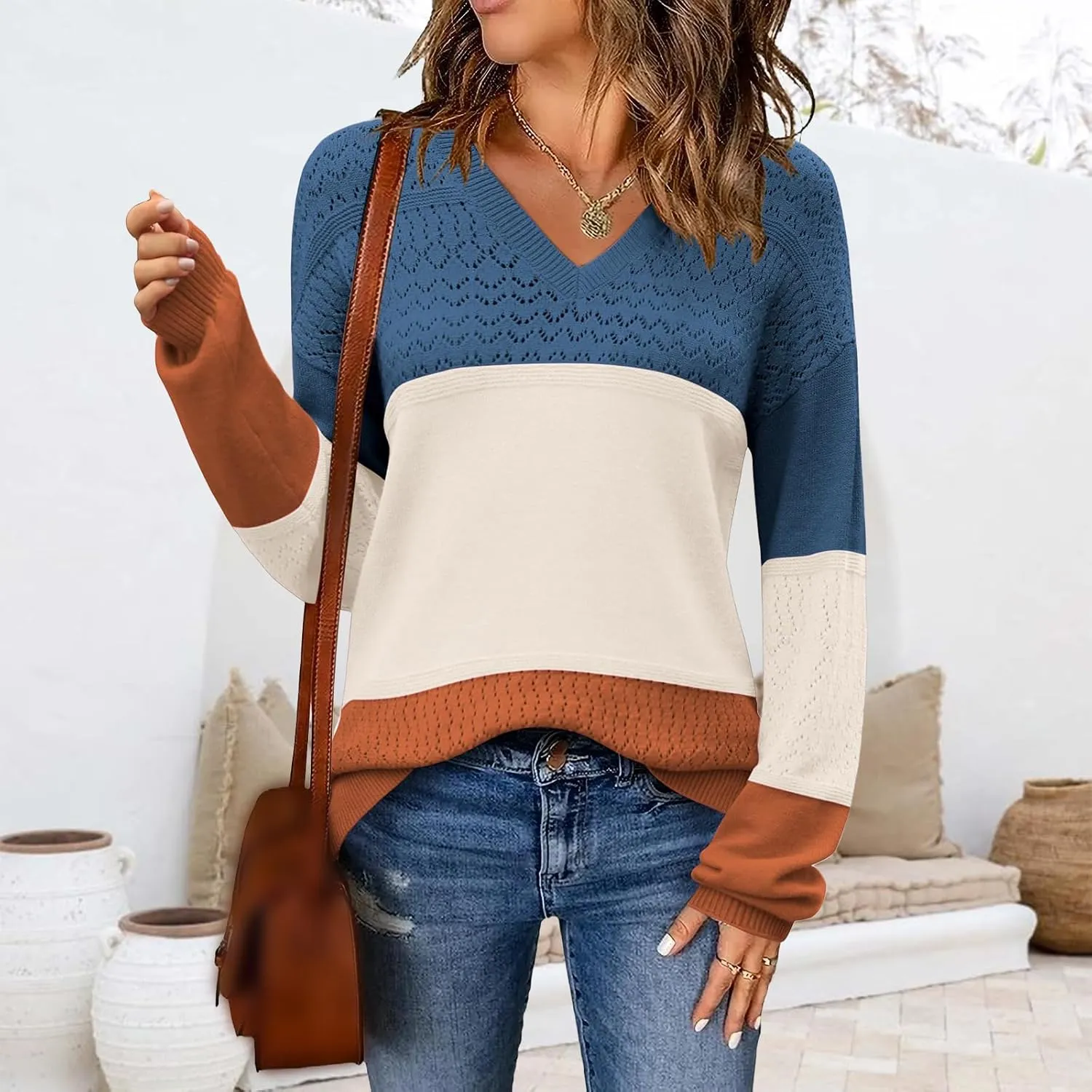 Womens Casual Fall Winter Sweaters Lightweight Ribbed Knit Pullover Color Block V Neck Long Sleeve Shirts