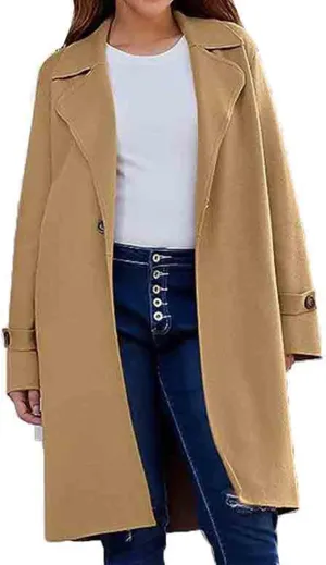 Women's Casual Notch Lapel Wool Blend Coat Single Breasted Long Winter Warm Trench Pea Coat