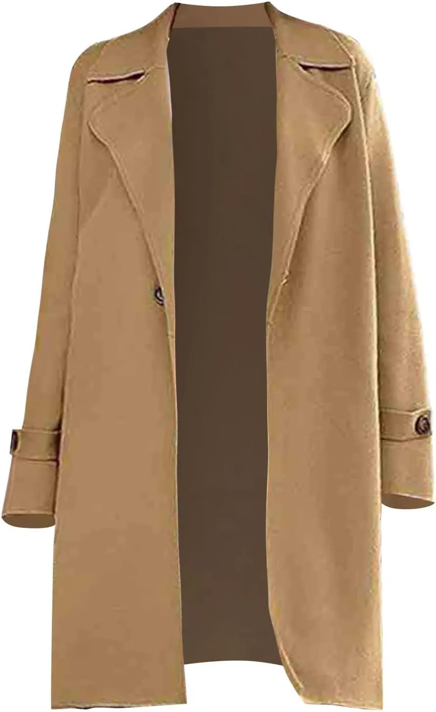 Women's Casual Notch Lapel Wool Blend Coat Single Breasted Long Winter Warm Trench Pea Coat