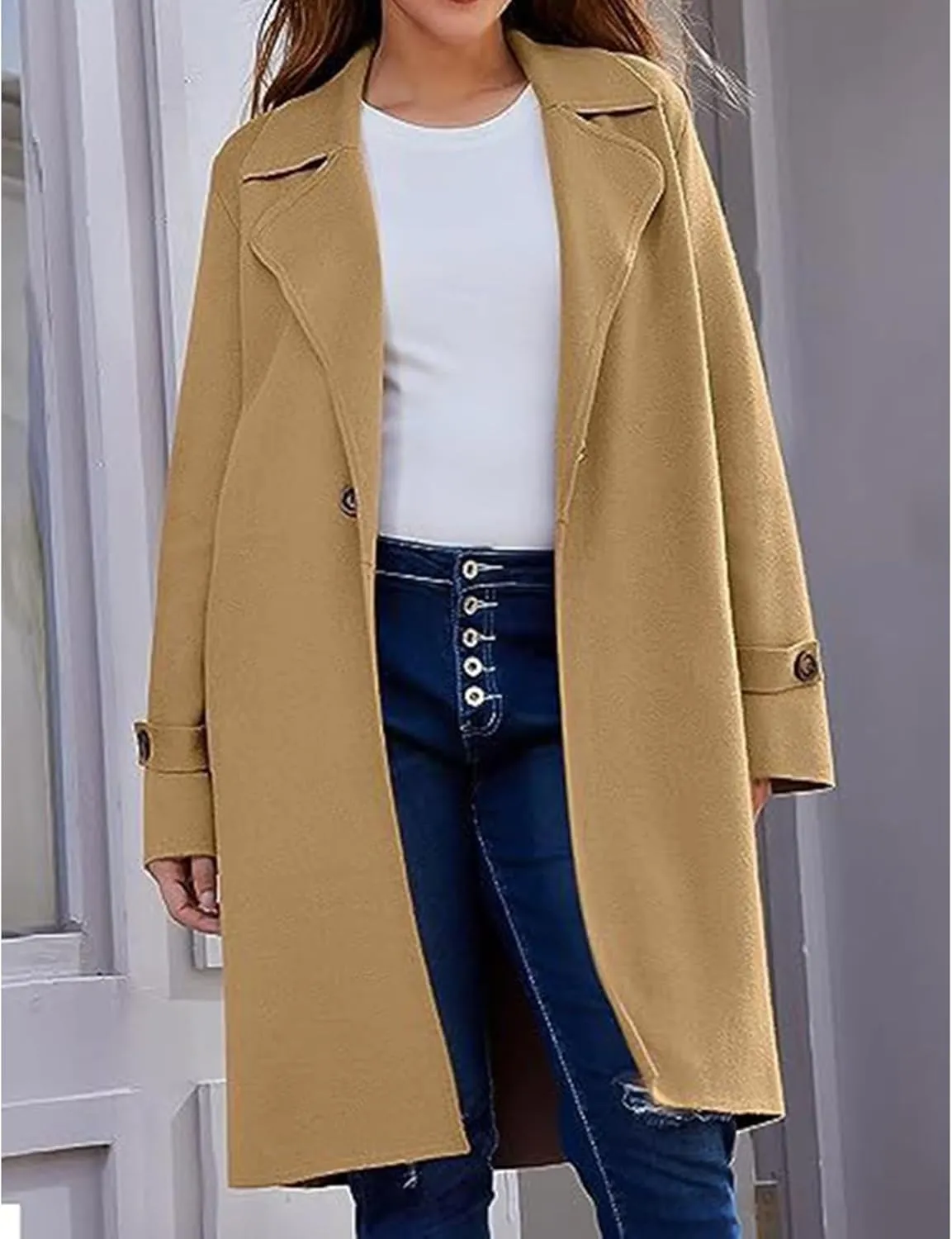 Women's Casual Notch Lapel Wool Blend Coat Single Breasted Long Winter Warm Trench Pea Coat