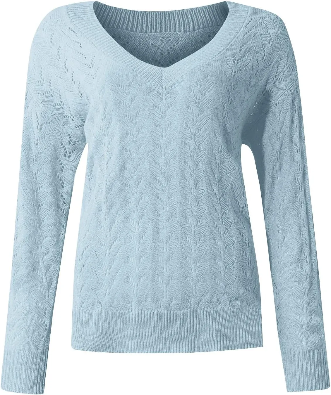 Women's Casual Trendy Solid Color V-Neck Cable Knit Hollow Out Sexy Sweater, S-3XL
