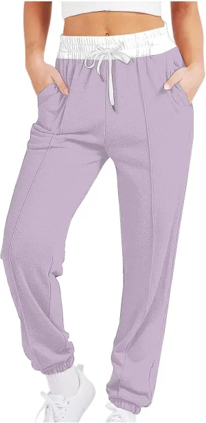 Women's Color Block Sweatpants Drawstring Cinch Bottom Joggers Lounge Fall Fashion Track Running Pants with Pockets