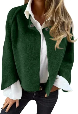 Women's Cropped Jackets Wool Blend Pea Coat Open Front Long Sleeve Fleece Cardigan Elegant Shawl Cape Cloak