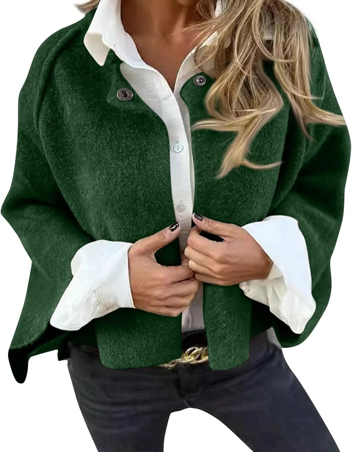Women's Cropped Jackets Wool Blend Pea Coat Open Front Long Sleeve Fleece Cardigan Elegant Shawl Cape Cloak
