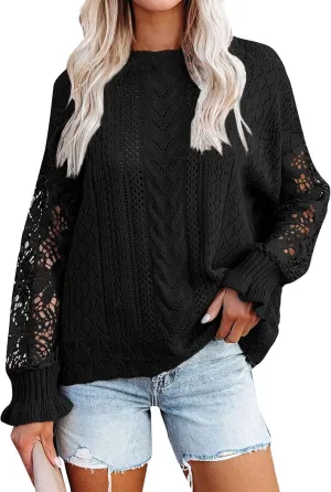 Women's Cute Sweaters Fall Winter Casual Trendy Crew Neck Flare Sleeve Cutout