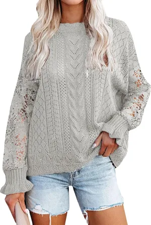 Women's Cute Sweaters Fall Winter Casual Trendy Crew Neck Flare Sleeve Cutout