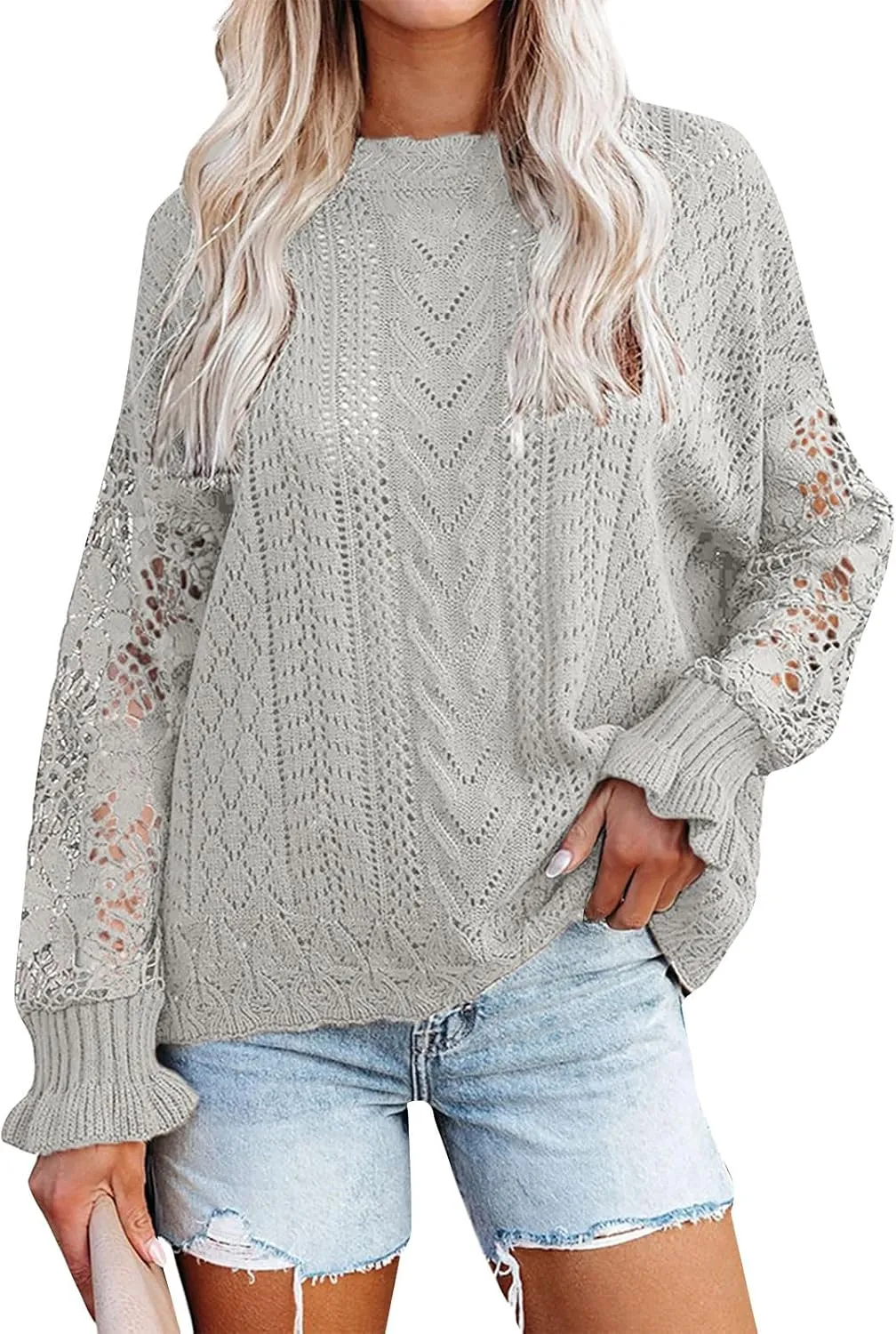 Women's Cute Sweaters Fall Winter Casual Trendy Crew Neck Flare Sleeve Cutout