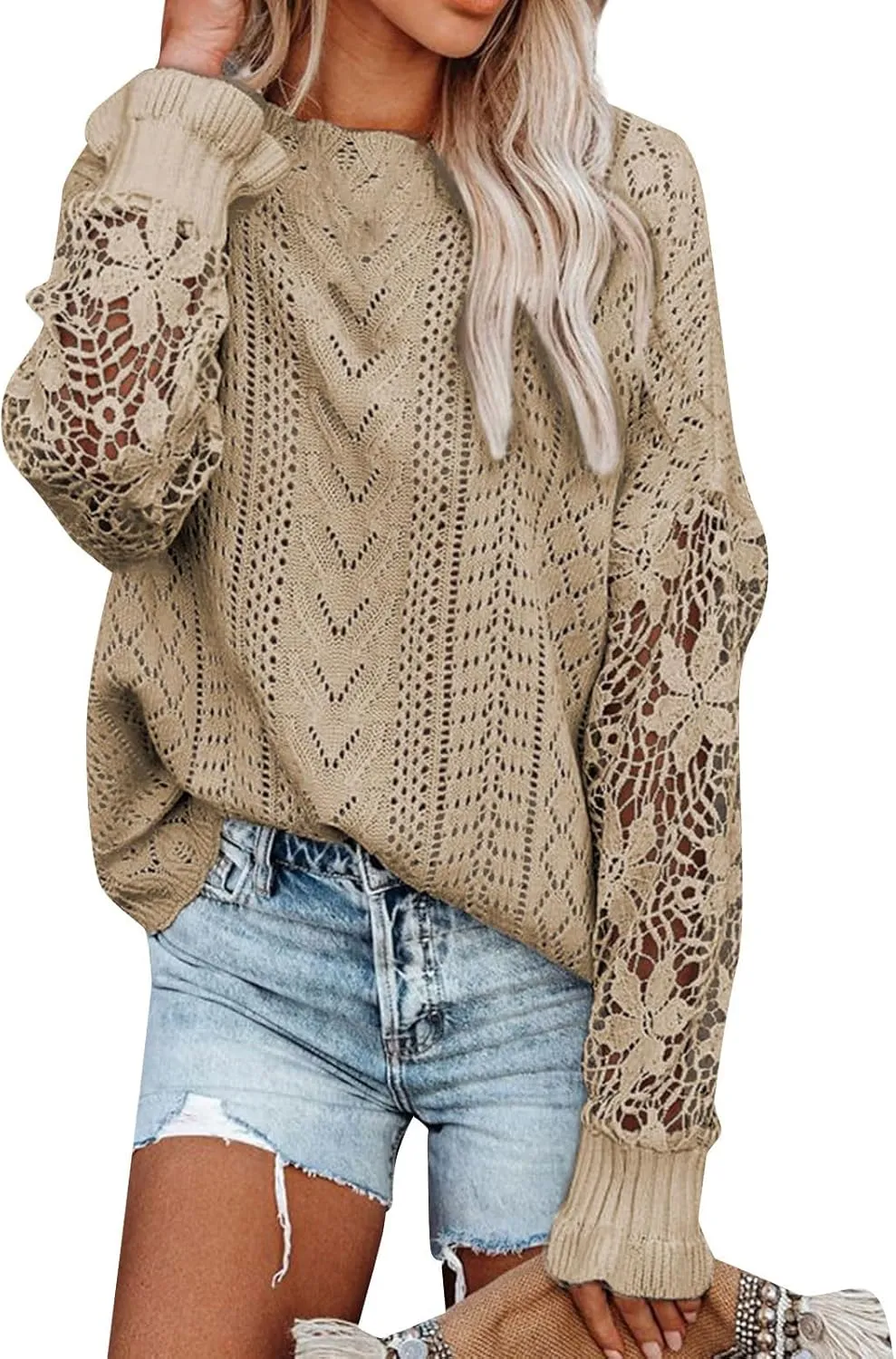 Women's Cute Sweaters Fall Winter Casual Trendy Crew Neck Flare Sleeve Cutout