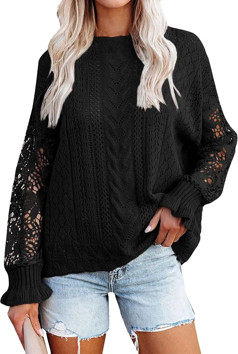 Women's Cute Sweaters Fall Winter Casual Trendy Crew Neck Flare Sleeve Cutout