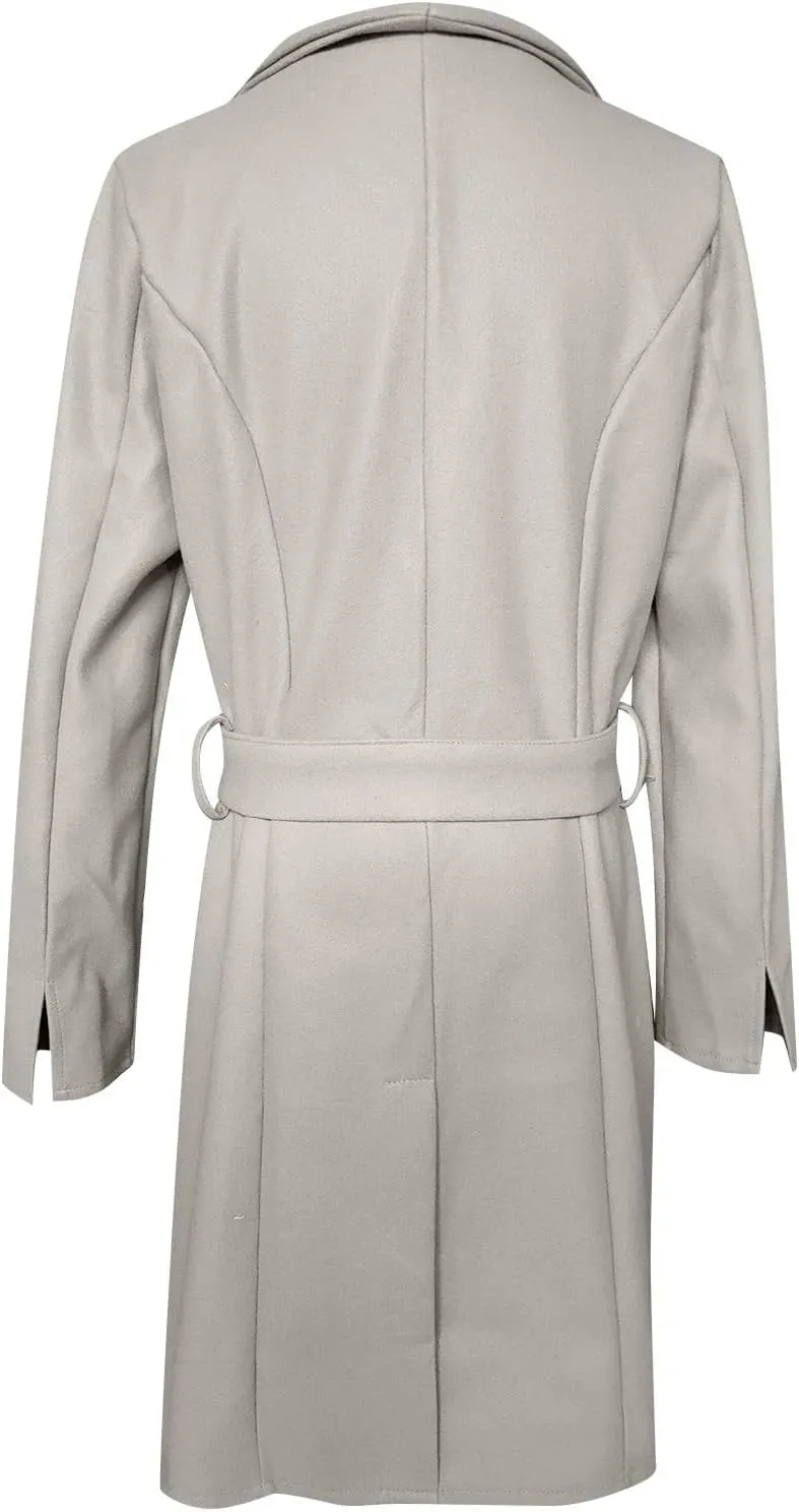 Women's Elegant Lapel Collar Double Breasted Jacket Winter Casual Wool Blend Overcoat Belted Trench Coat
