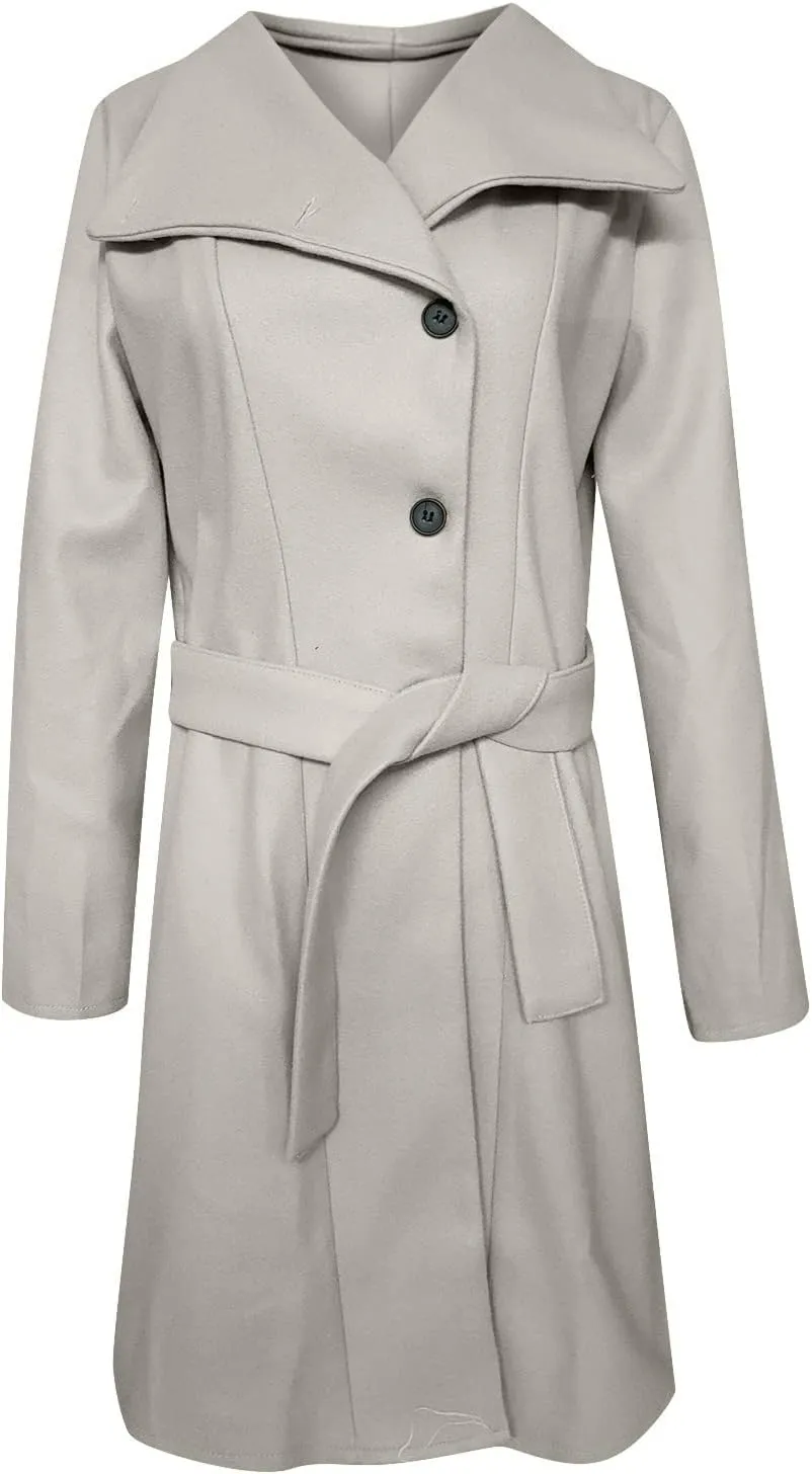 Women's Elegant Lapel Collar Double Breasted Jacket Winter Casual Wool Blend Overcoat Belted Trench Coat