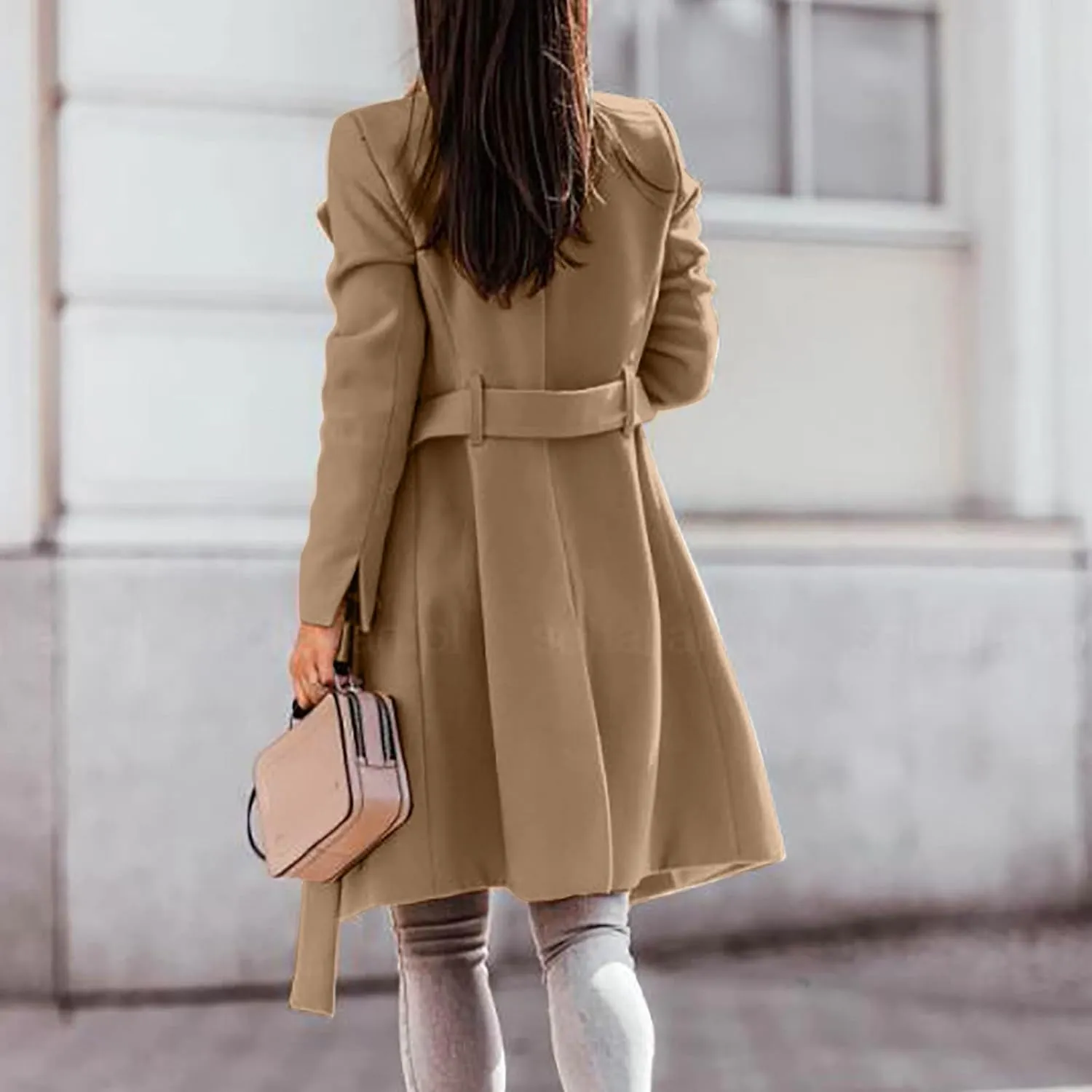 Women's Elegant Lapel Collar Double Breasted Jacket Winter Casual Wool Blend Overcoat Belted Trench Coat
