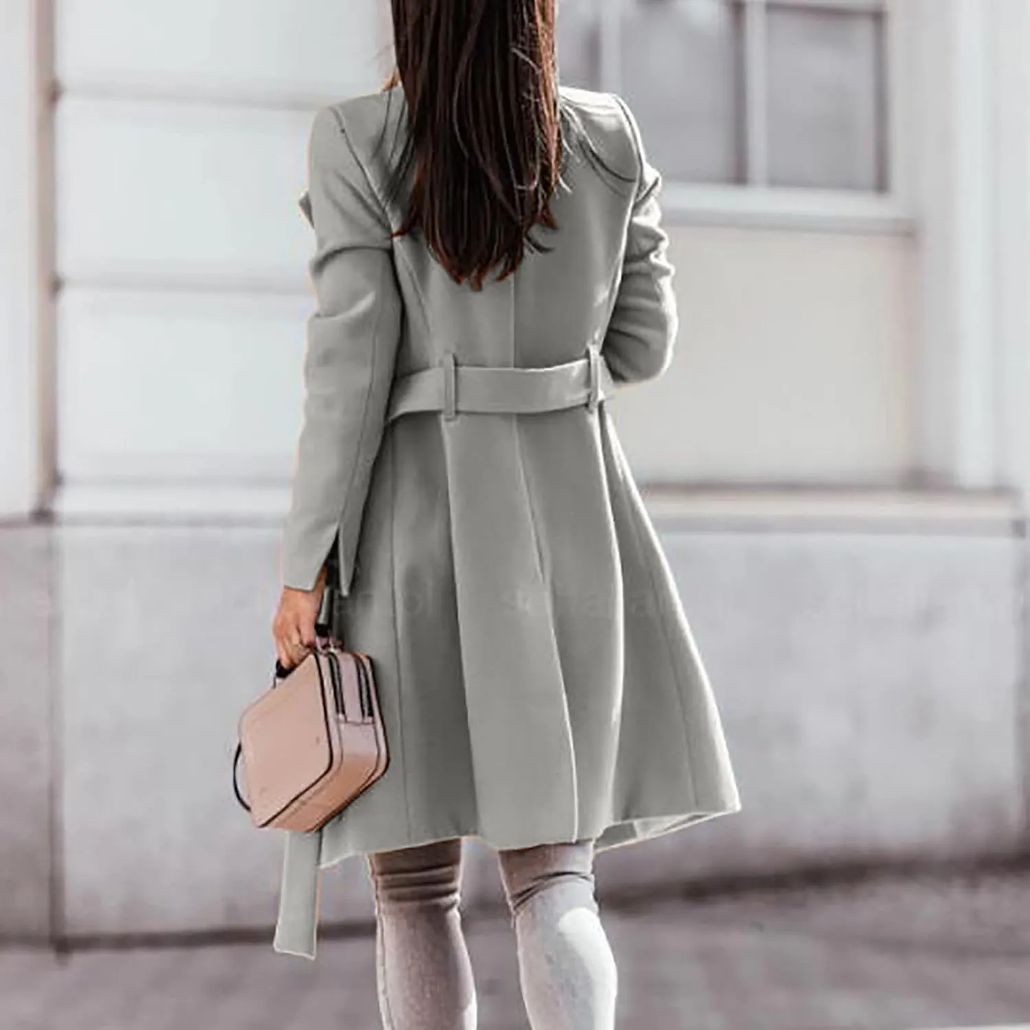 Women's Elegant Lapel Collar Double Breasted Jacket Winter Casual Wool Blend Overcoat Belted Trench Coat