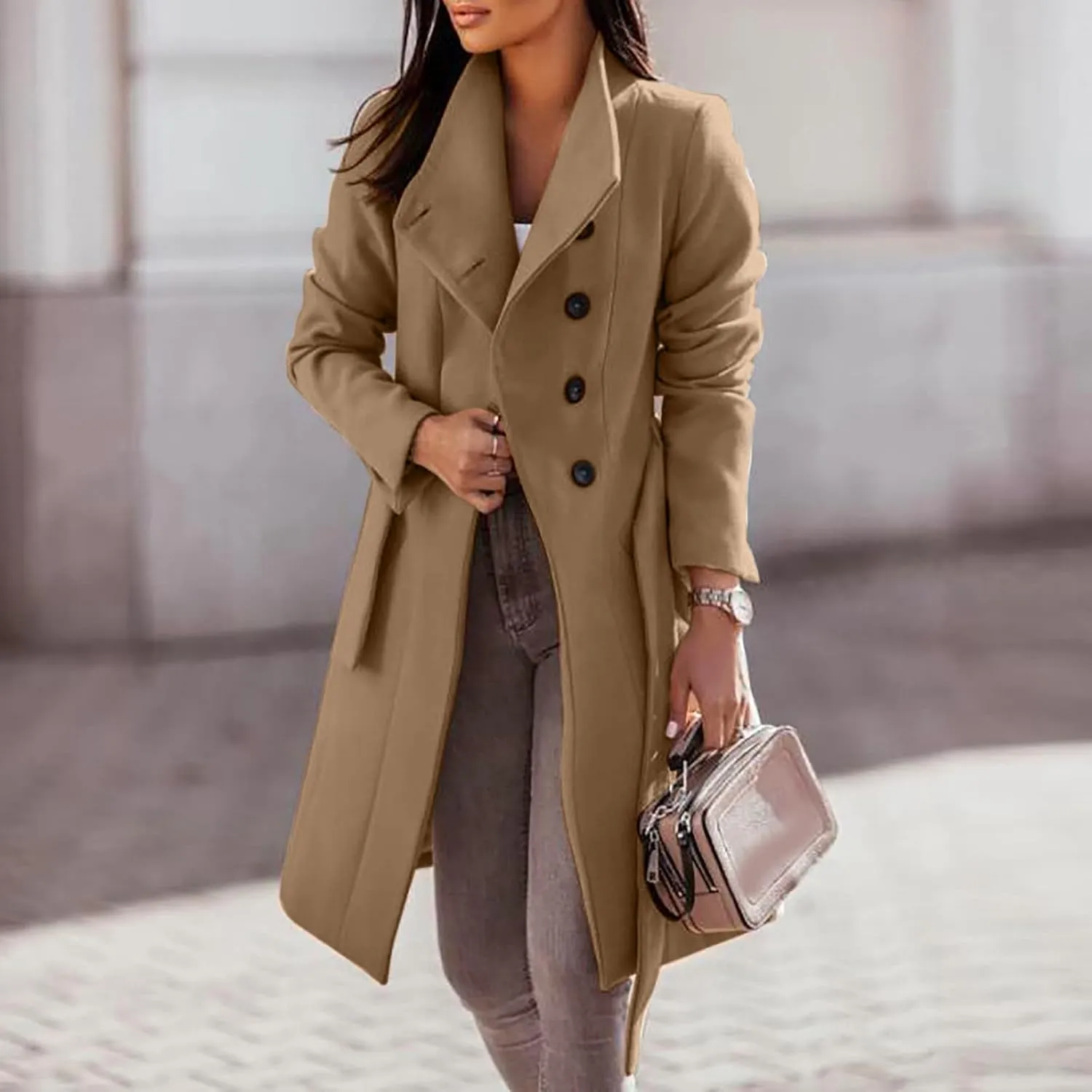 Women's Elegant Lapel Collar Double Breasted Jacket Winter Casual Wool Blend Overcoat Belted Trench Coat