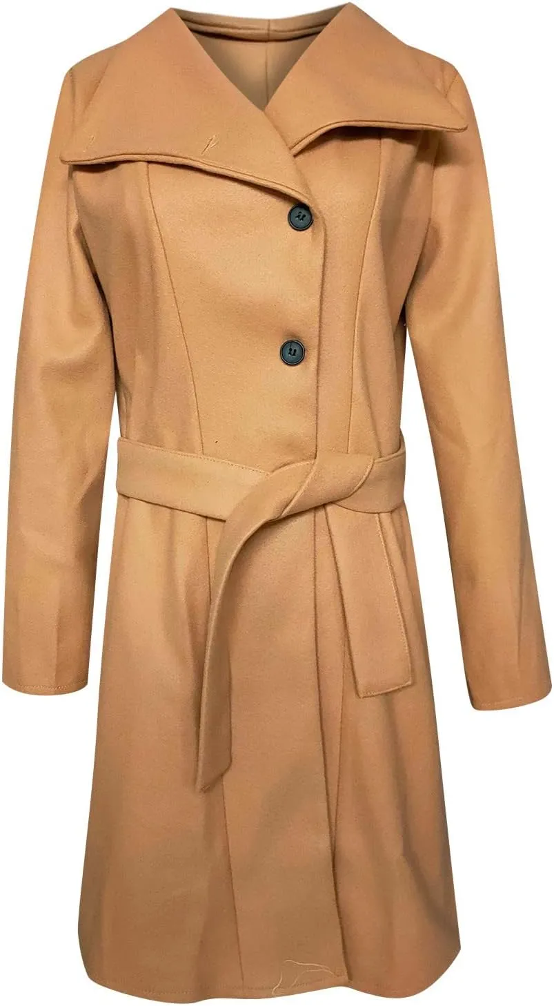 Women's Elegant Lapel Collar Double Breasted Jacket Winter Casual Wool Blend Overcoat Belted Trench Coat