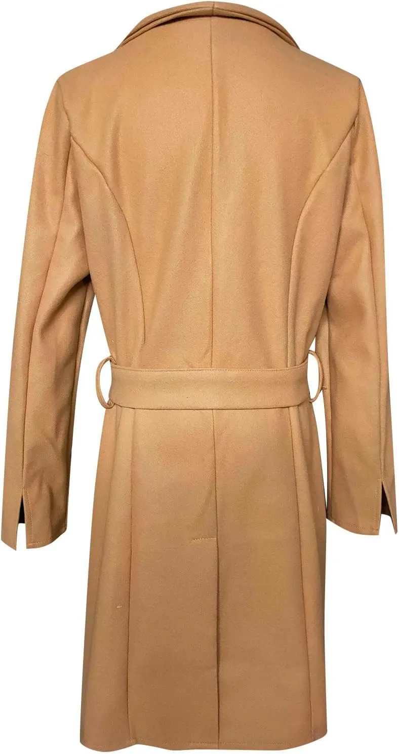 Women's Elegant Lapel Collar Double Breasted Jacket Winter Casual Wool Blend Overcoat Belted Trench Coat